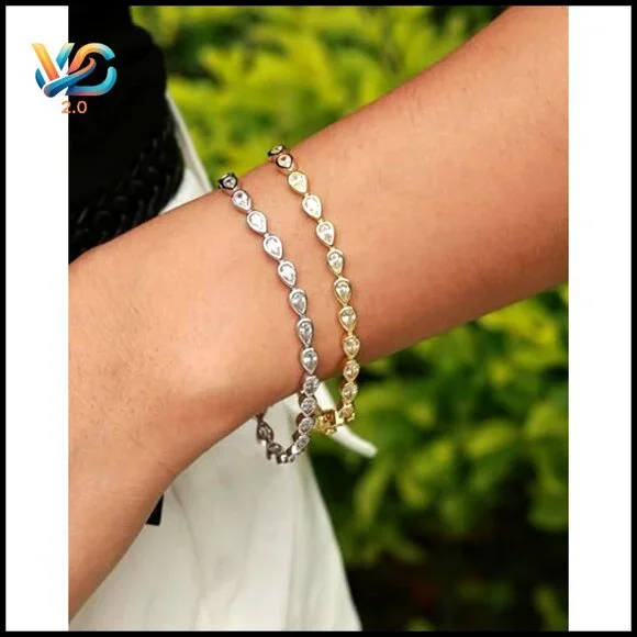 Sterling Silver Tennis Bracelet Pear Cut Cubic Zirconia Classic Elegant Jewelry